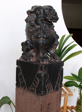 仿真栓马柱青石狮子道具仿古做旧玻璃钢雕塑中式庭院古风装饰摆件