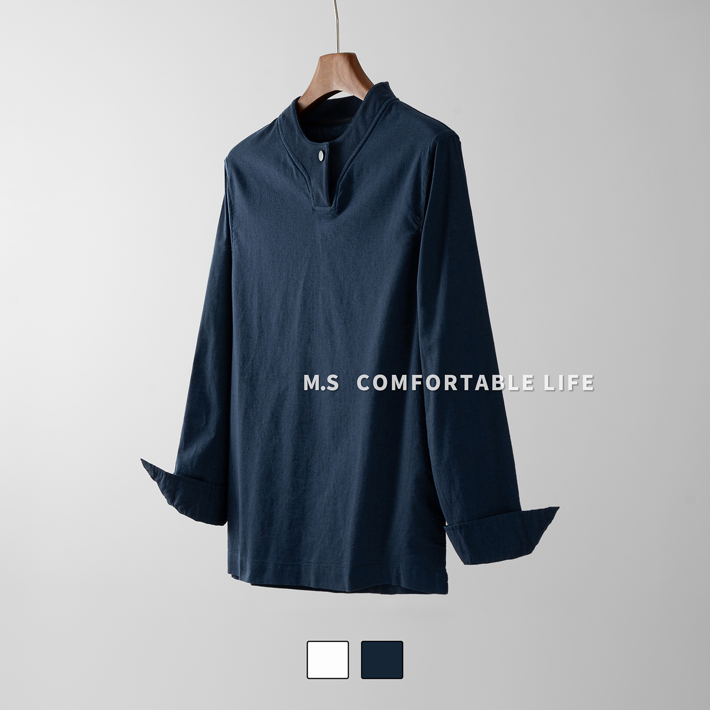 麻尚生活亚麻圆领长袖T恤男士秋季新款设计感纽扣宽松打底衫上衣