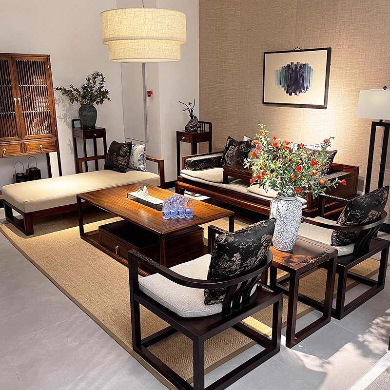 新中式实木罗汉床禅意雕花贵妃榻现代简约客厅民宿乌金木沙发组合