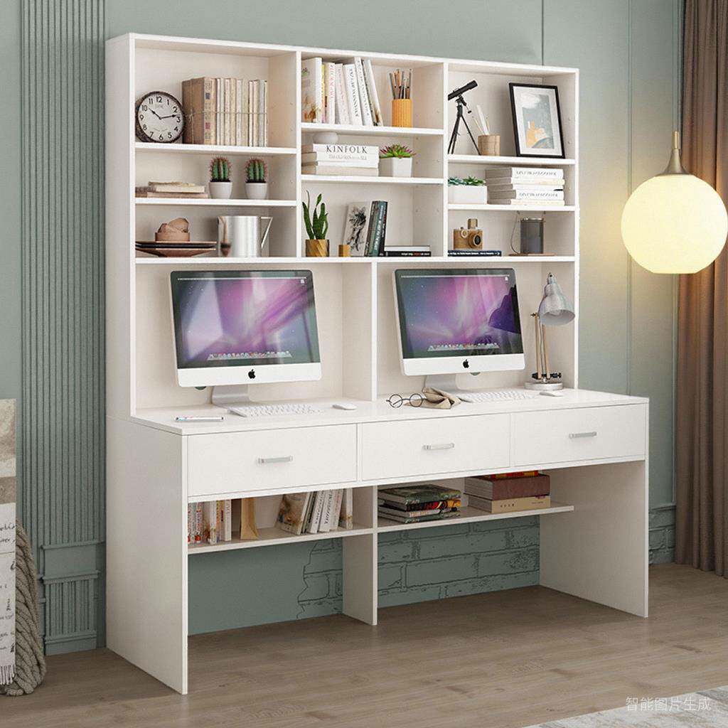 简约实木电脑桌书柜一体家用学生卧室书桌书架组合办公双人写字台