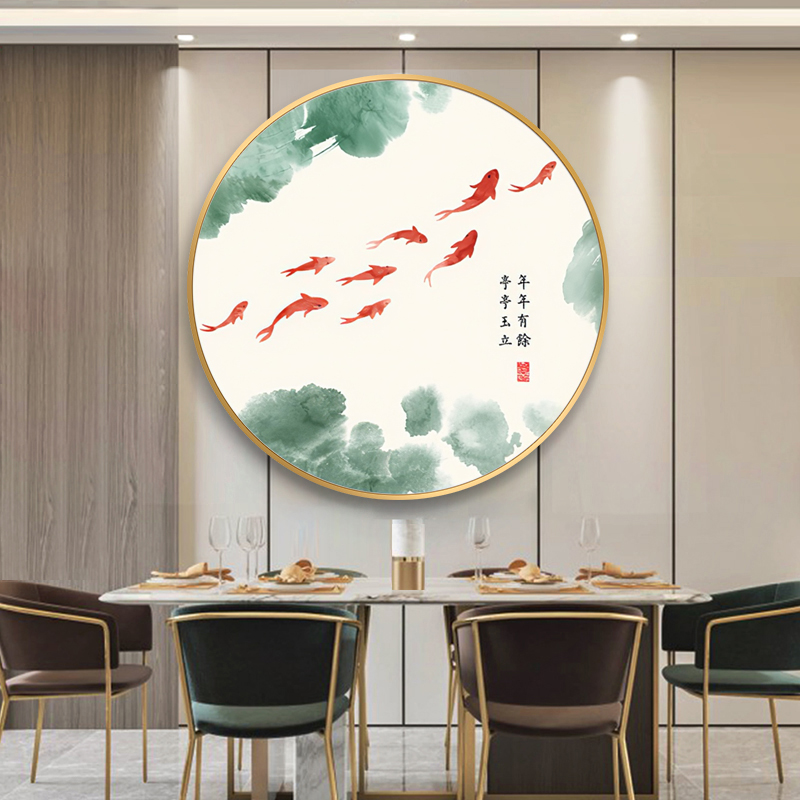 荷花入户进门玄关装饰画新中式背景圆形壁画餐厅茶室禅意水墨挂画