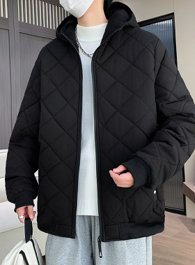 新款宽松加厚面包服棉袄菱形格羽绒棉服男款冬季潮牌连帽棉衣外套