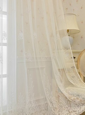 欧式法式轻she底边刺绣钉珠窗纱客厅飘窗镂空白色蕾丝窗纱白纱