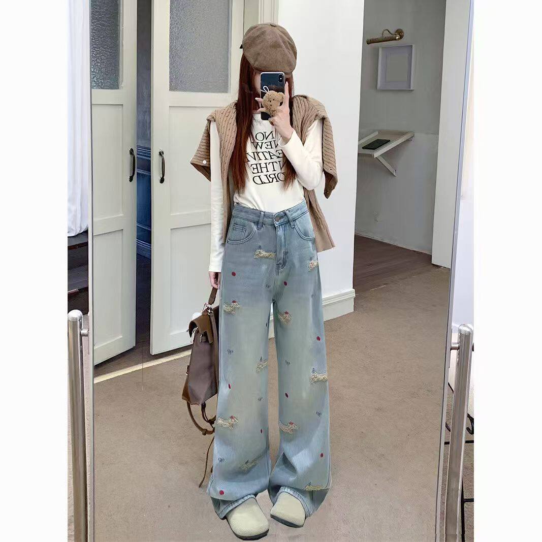 胖mm2025牛仔裤女新款腊肠狗刺绣设计春季新款高腰宽松显瘦百搭阔