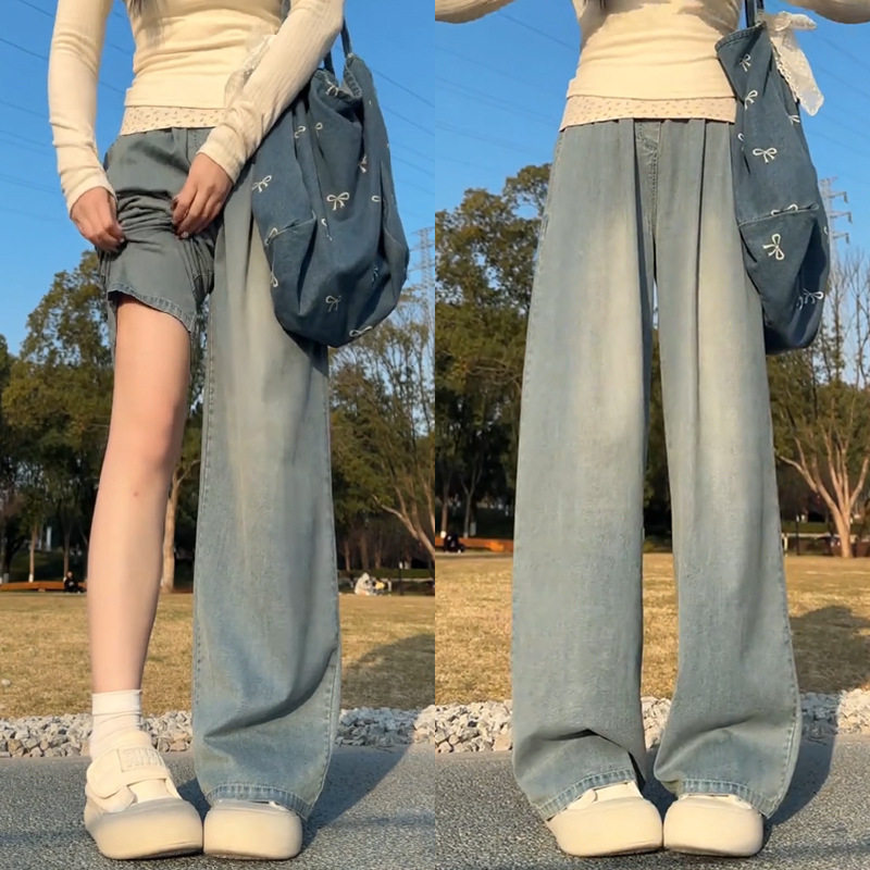 胖mm山本牛仔裤女秋新款垂感直筒宽松慵懒风小个子加绒阔腿裤子