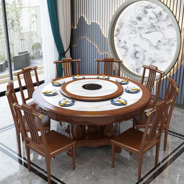 全实木新中式岩板火锅餐桌带电磁炉大理石圆桌家用饭桌橡木带转盘,住宅家具,岩板餐桌,淘宝优惠券,粉丝福利购,淘宝优惠卷