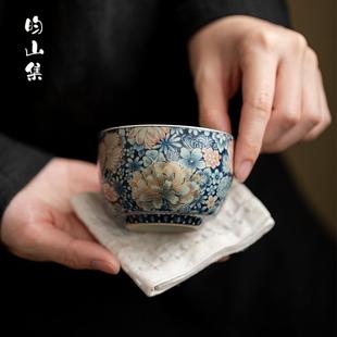 汝窑繁花似锦敞口杯主人杯可养开片陶瓷家用中国风喝茶单杯品茗杯