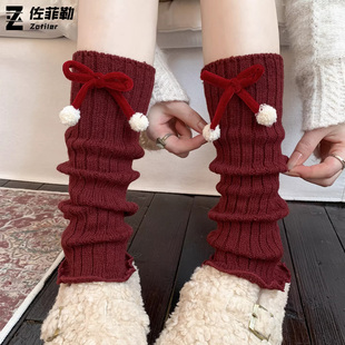 红色堆堆袜套毛球蝴蝶结堆堆袜女秋冬小腿袜圣诞新年袜套Lolita袜