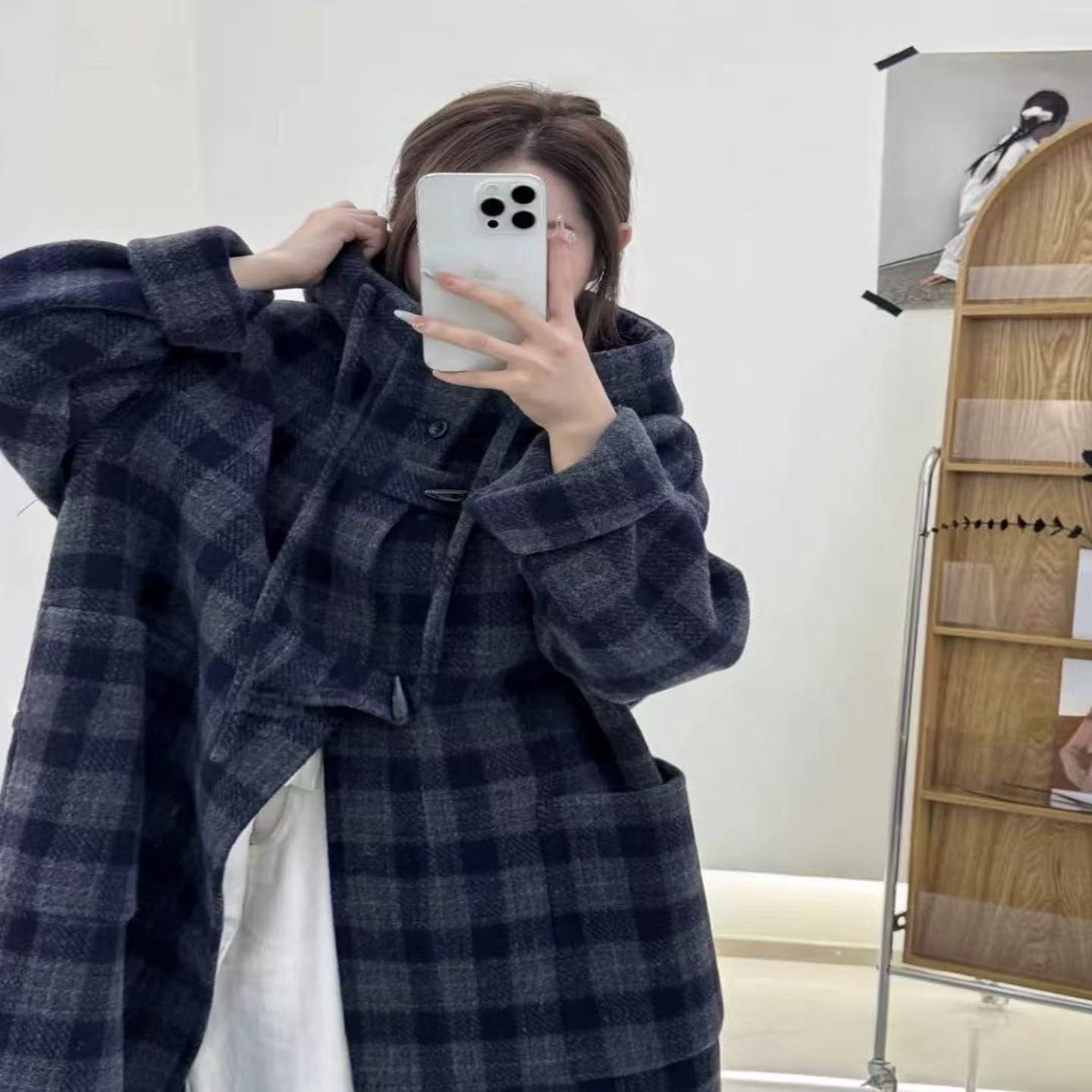 2025秋冬新款韩系复古连帽格纹中长款双面羊毛大衣单排扣外套女生