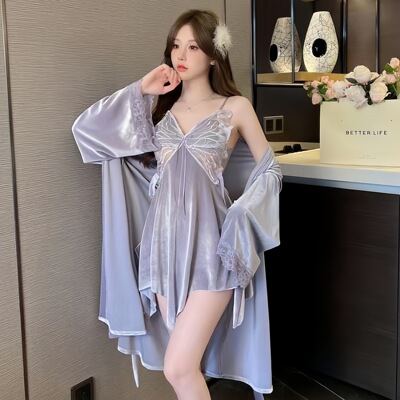 金丝绒纯欲带胸垫大码睡裙两件套