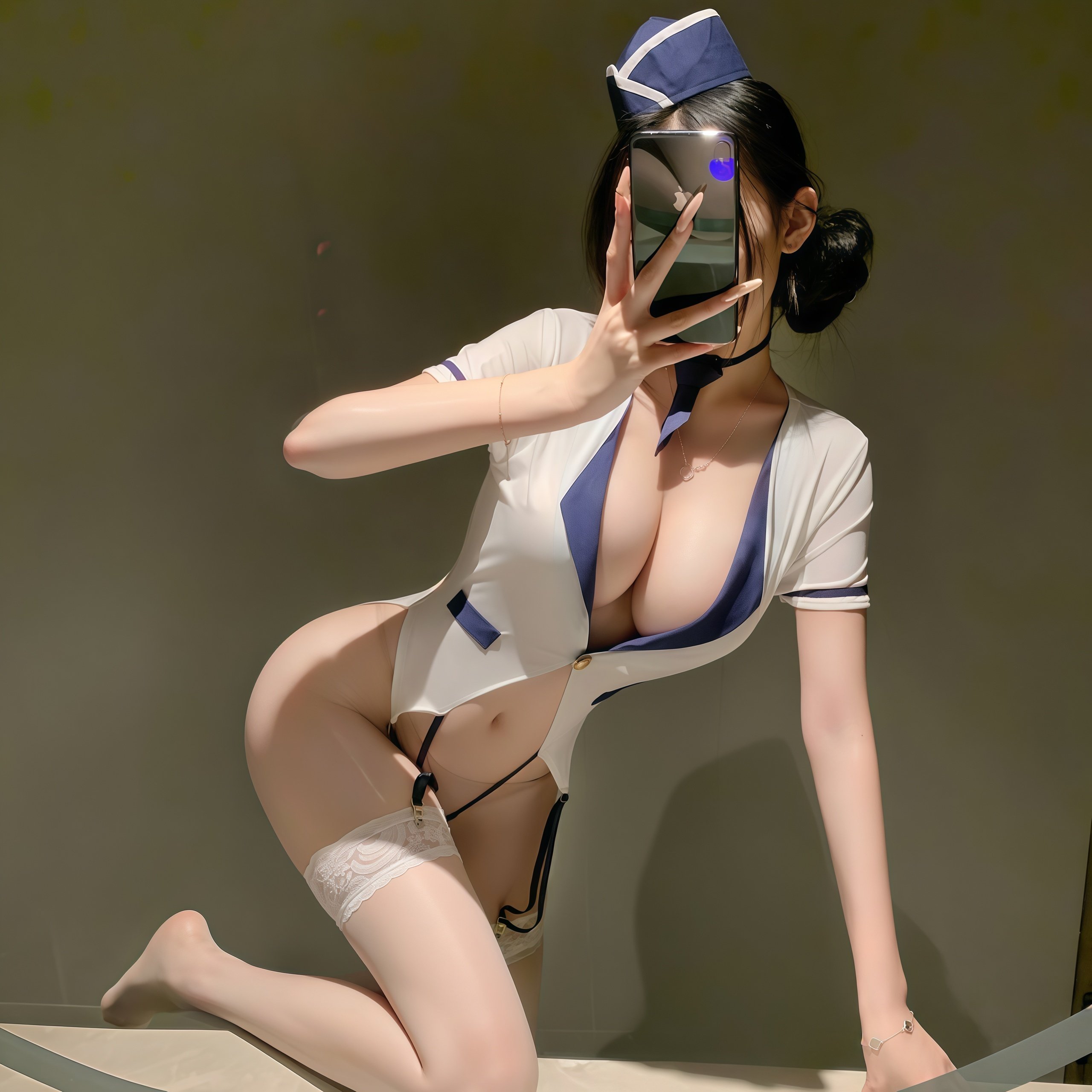 性感深v低领连体衣半袖双线开档空姐制服床上纯欲诱惑禁欲系qqny