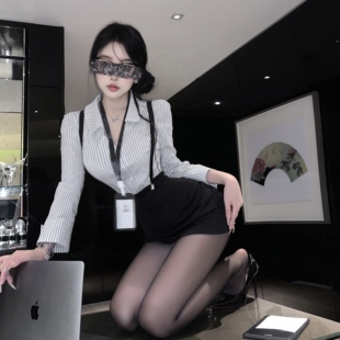 禁欲系办公室海妖风条纹衬衫套装女御姐显瘦睡裙纯欲性感qqny透视