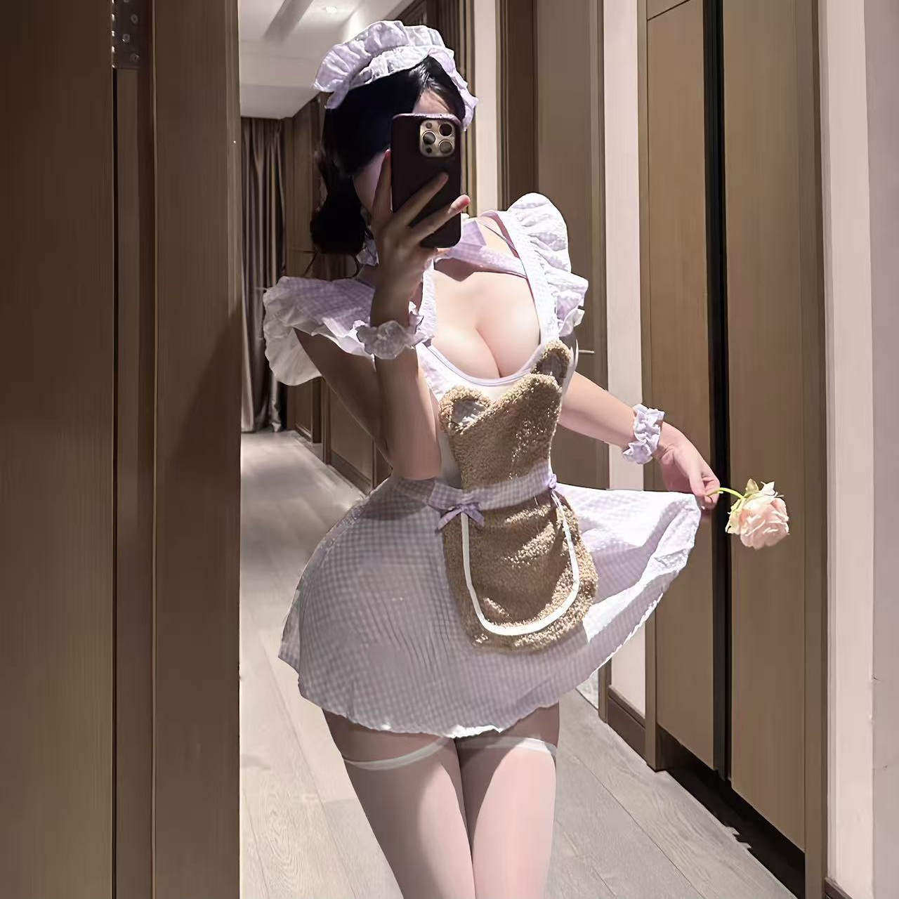 性感甜美女仆制服荷叶边围裙套装可爱cos睡裙纯欲透视粉嫩qqny女