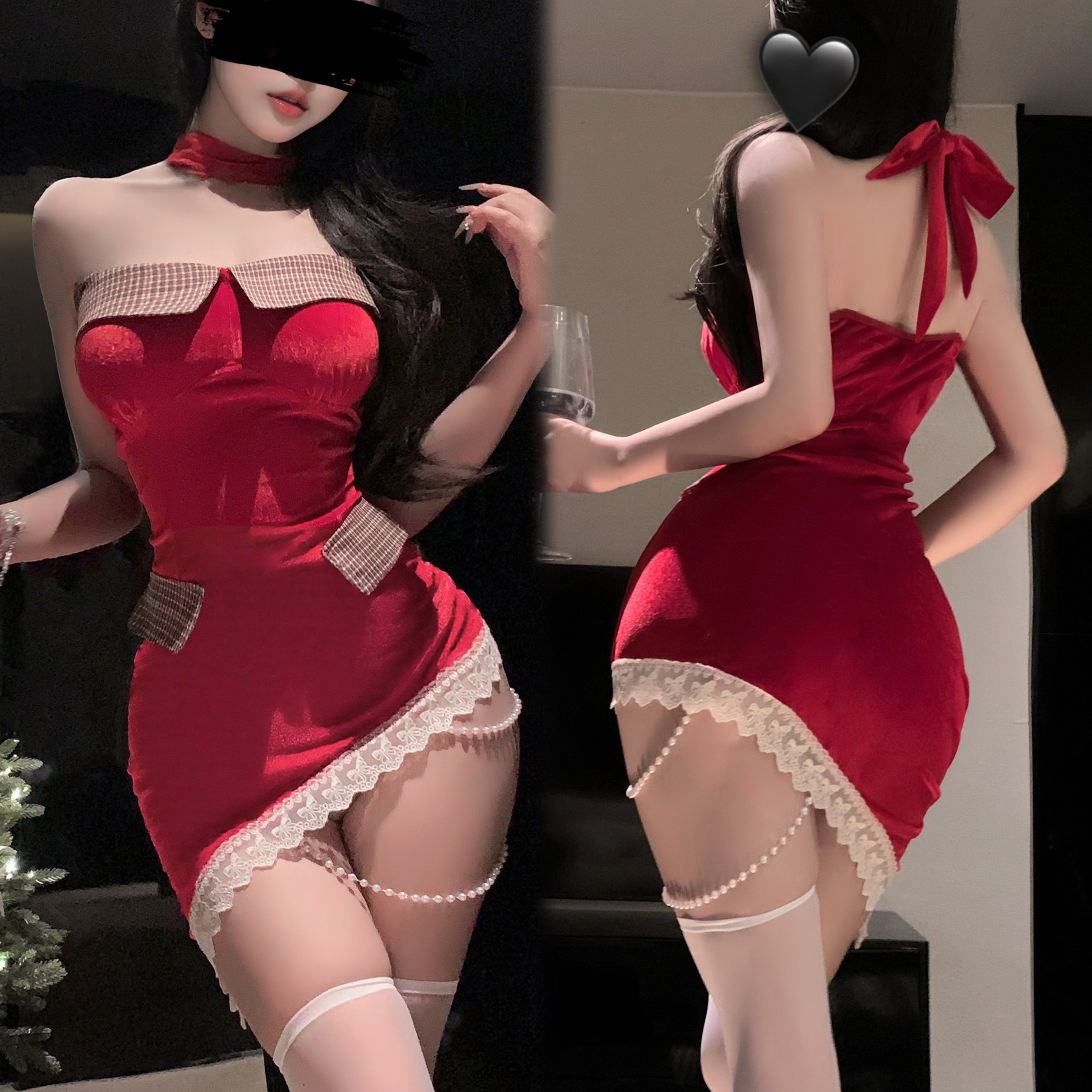 性感红色抹胸女挂脖蕾丝边蝴蝶结装饰辣妹风包臀裙诱惑装qqny制服