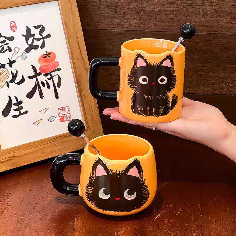 小黑猫咪马克杯带勺子情侣陶瓷水杯家用喝水杯办公室礼盒生日礼物