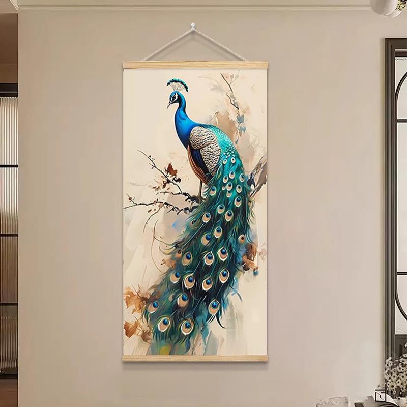 新中式玄关挂毯客厅装饰画孔雀挂布餐厅挂画布艺走廊茶室墙面布画图片