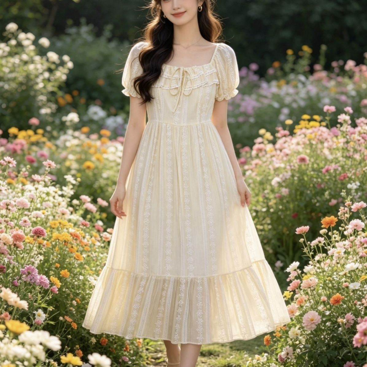 2026夏季新款气质法式甜美圆领泡泡连衣裙显瘦收腰长裙裙子过膝