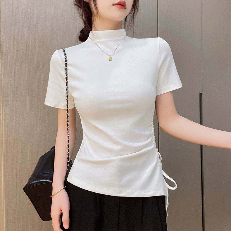 半高领短袖t恤女2026夏季新款抽绳收腰设计感深绿开衩打底上衣