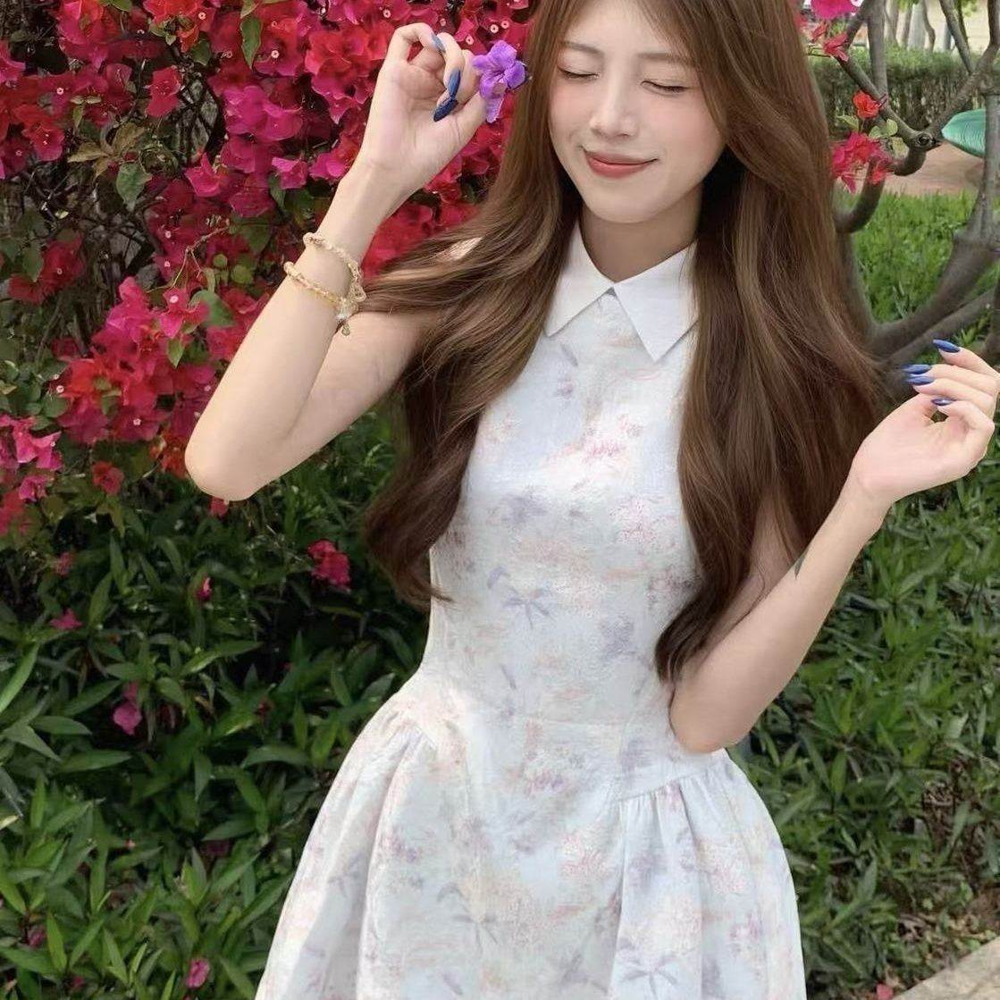 法式碎花气质甜美连衣裙无袖2026夏季学生收腰蓬蓬显瘦小个子短裙