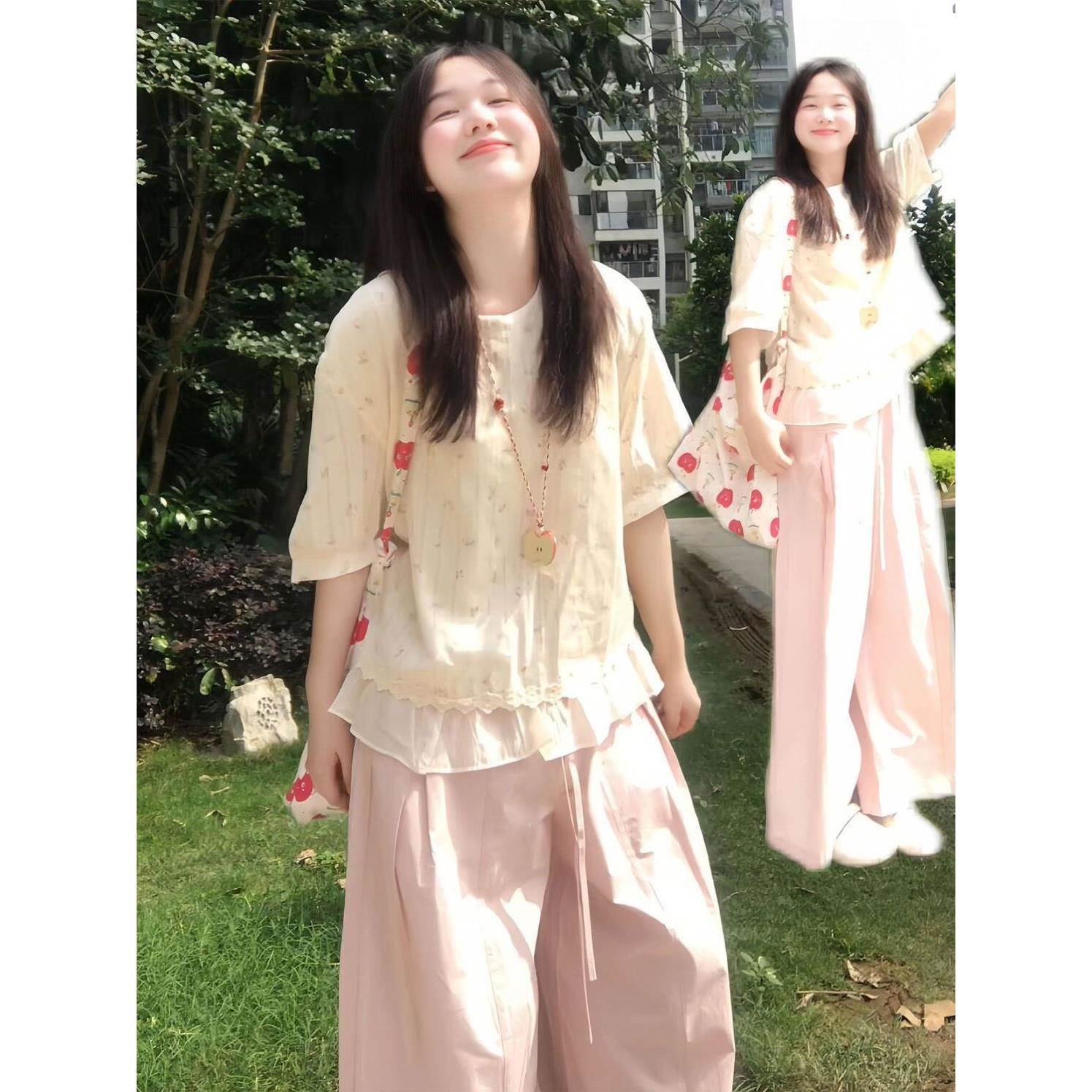 韩系巨好看运动套装女夏季减龄穿搭碎花衬衫短袖阔腿裤休闲两件套