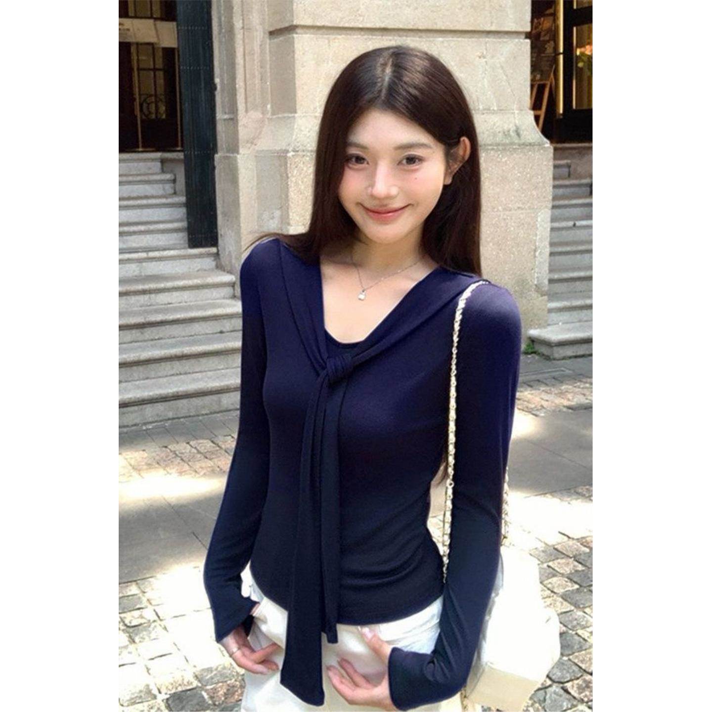 海军领披肩长袖T恤女2026秋冬新款V领打底衫内搭修身设计感上衣服