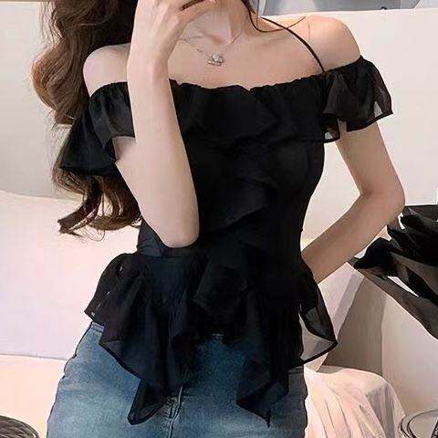 一字领绑带雪纺清凉夏季不规则木耳边短袖恤仙气显瘦网纱上衣女