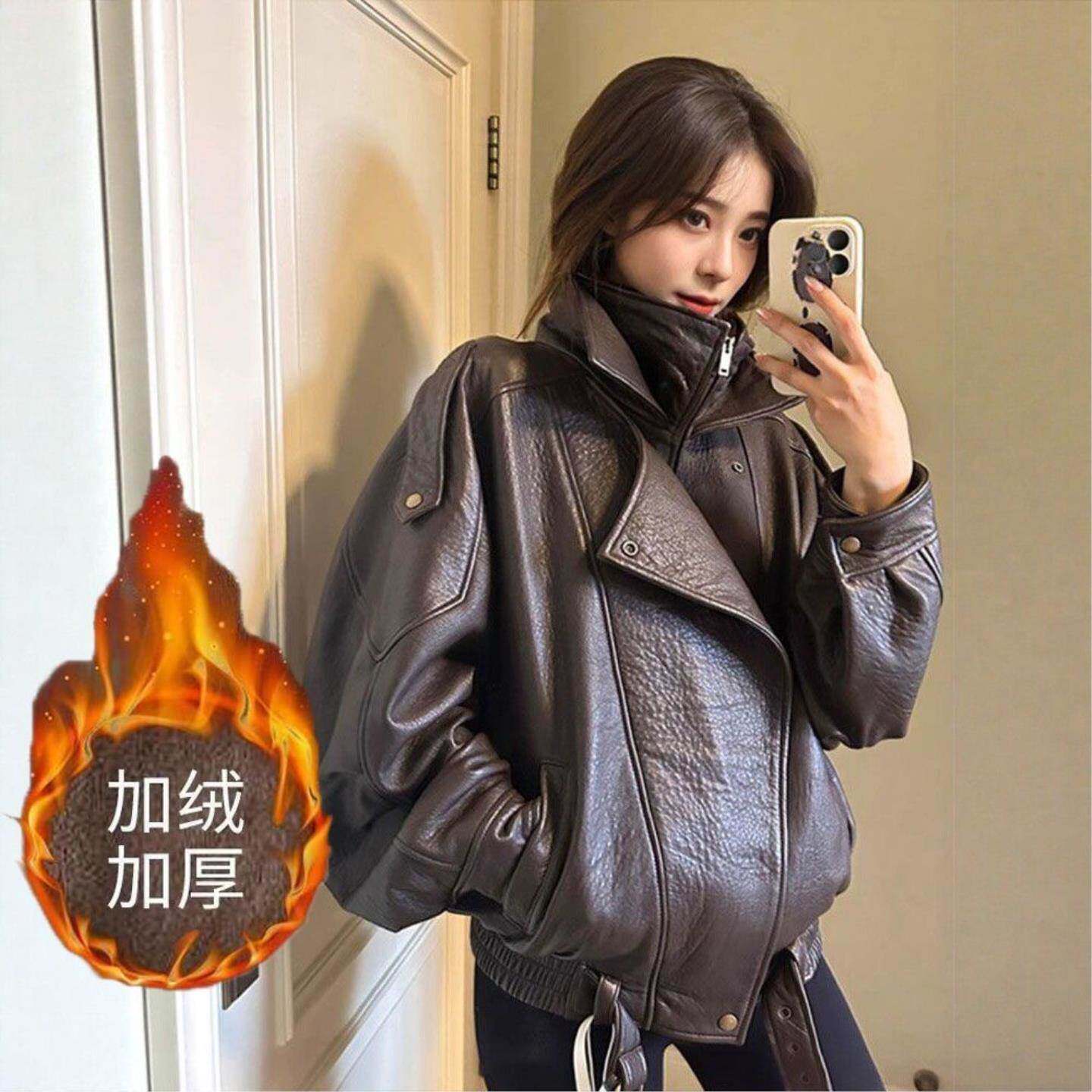 时尚机车皮衣女进口羊皮外套宽松洋气百搭新款网红皮夹克韩版