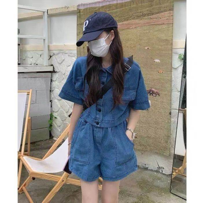 复古港味两件套短款牛仔外套上衣女夏季阔腿短裤休闲百搭套装