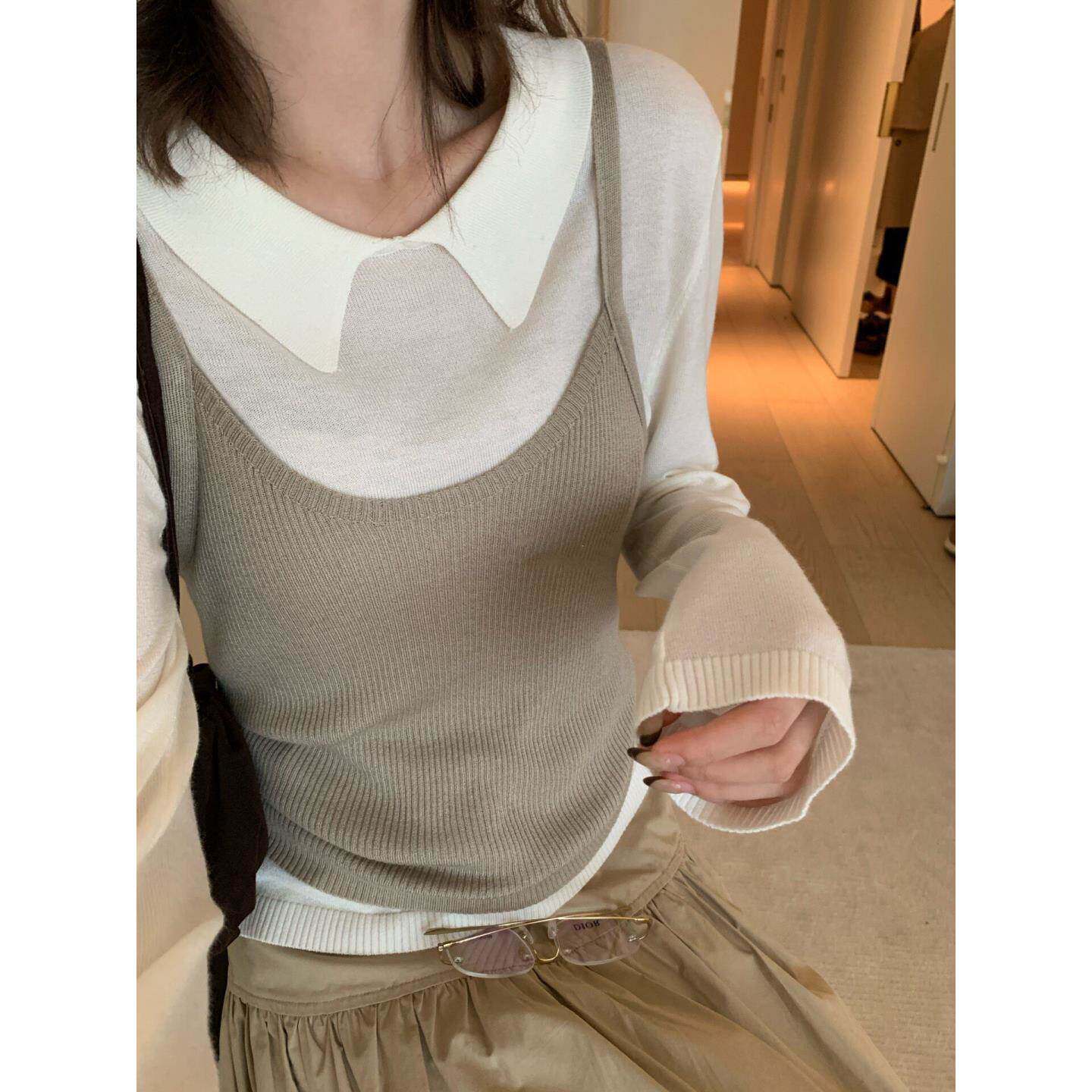 秋冬韩系简约复古两件套针织衫吊带背心套装