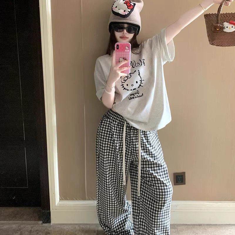 夏季睡衣女短袖长裤薄款套装棉可爱卡通KT凯蒂猫宽松格子家居服