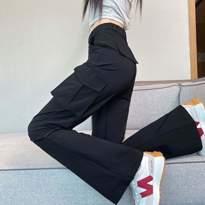 黑色防晒微喇工装裤女夏季薄款高腰显瘦垂感紧身美式速干喇叭裤子