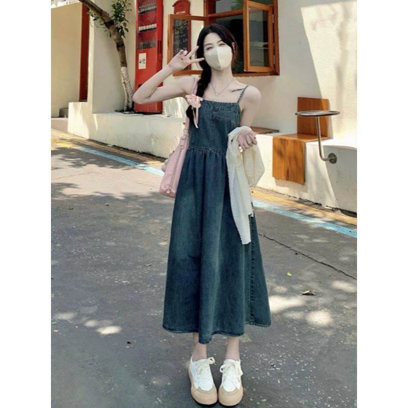 大码复古吊带连衣裙女夏季显瘦牛仔裙子胖MM外搭防晒蕾丝开衫套装