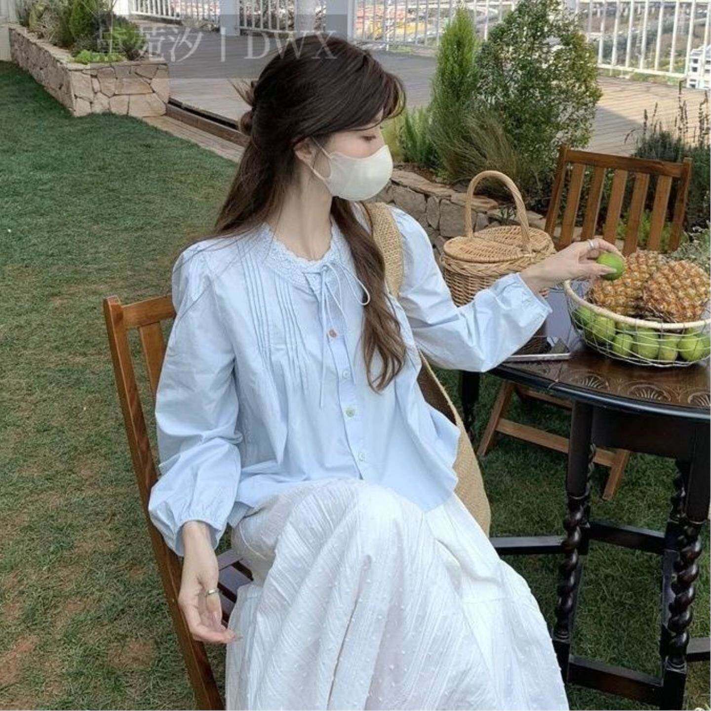 韩系chic圆领泡泡袖衬衫女春季设计绑带蕾丝花边衬衣超仙绝美上衣