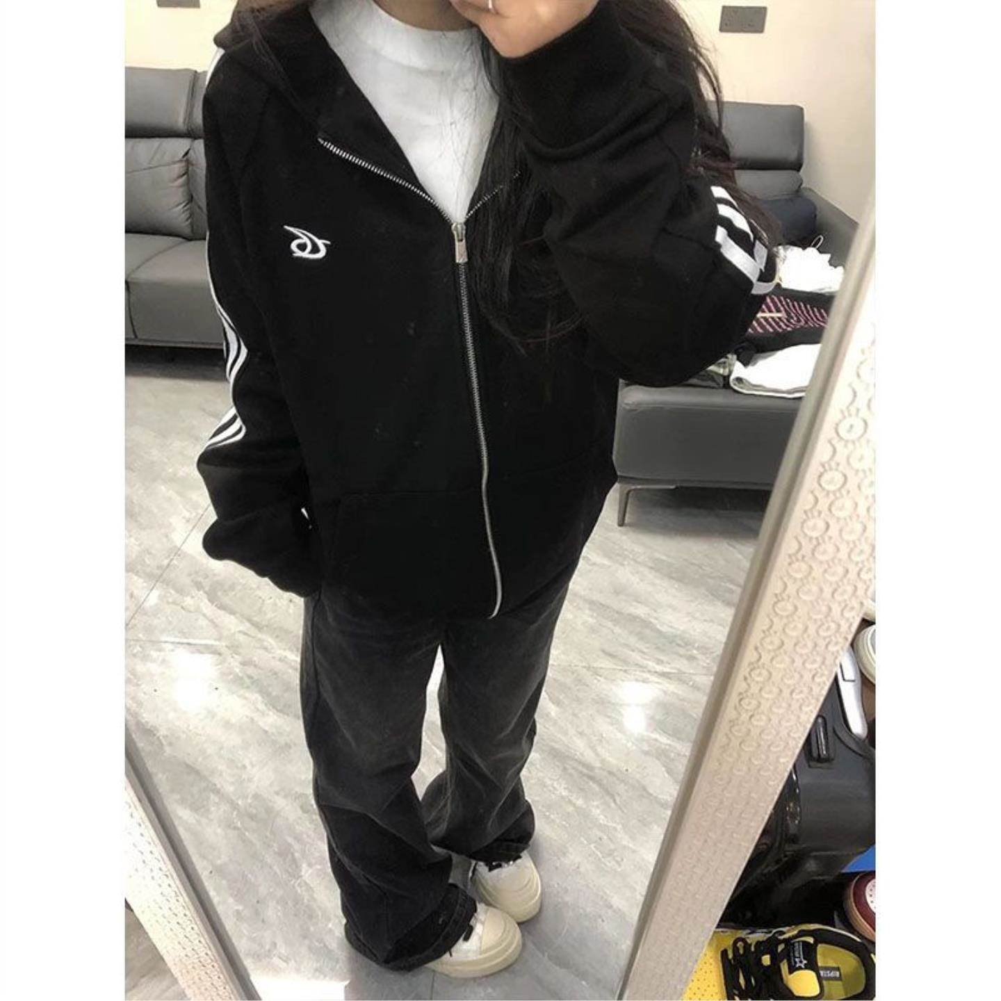 美式复古条纹拉链连帽卫衣春秋季新款印花开衫外套宽松情侣上衣女