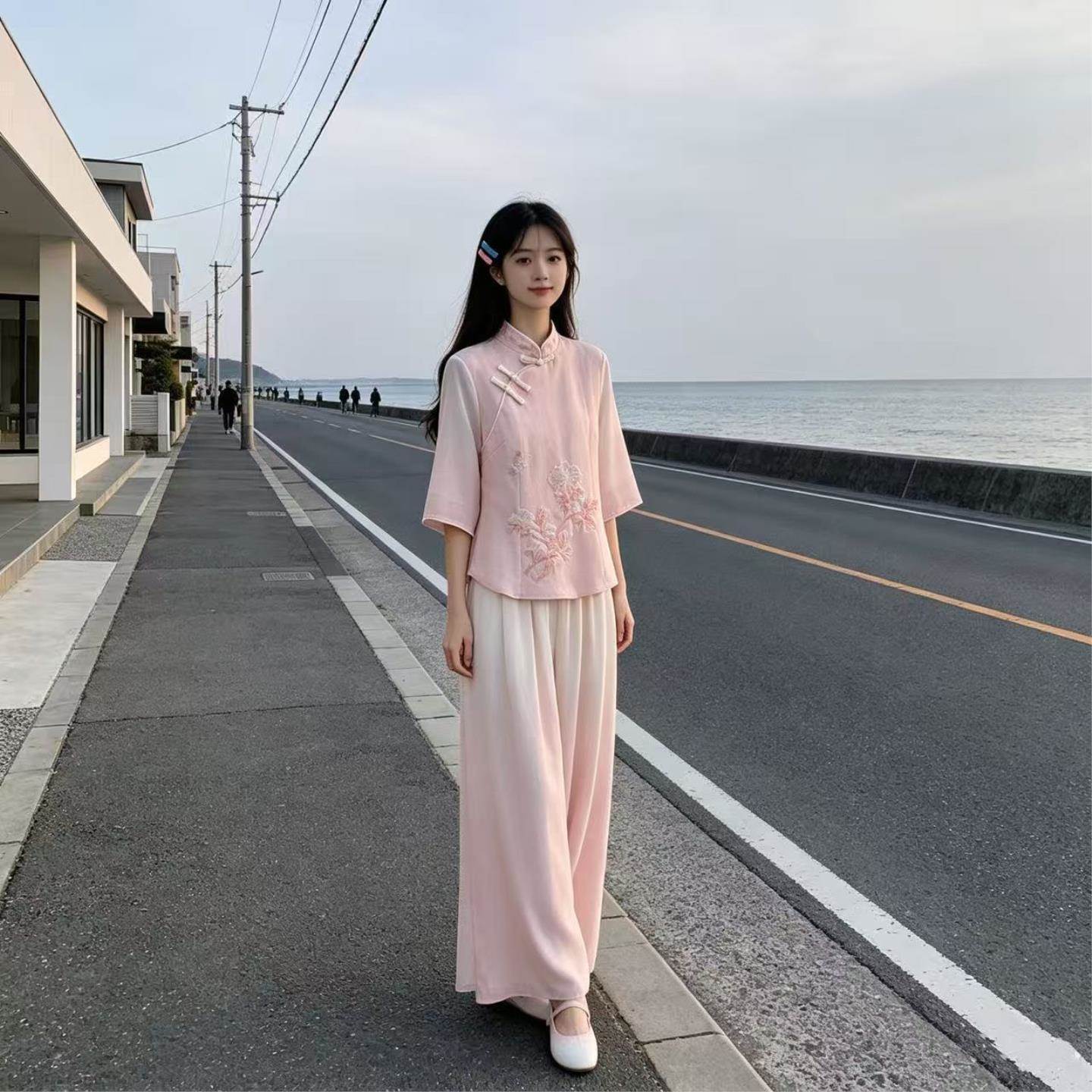 春夏新款民族风女装改良绣花旗袍七分袖上衣阔腿渐变裤裙两件套