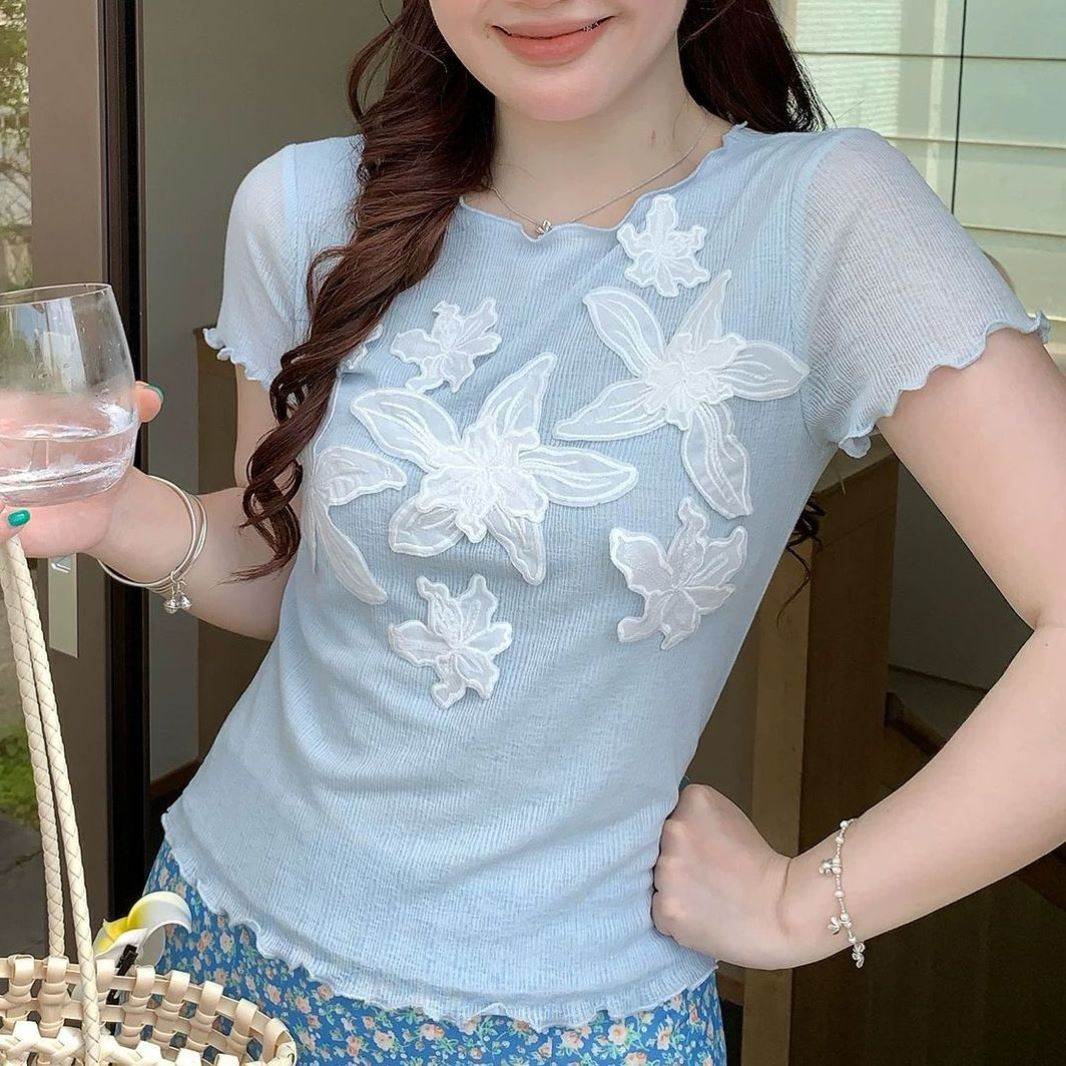 韩版提花针织衫短袖恤女短款修身显瘦薄款夏季上衣