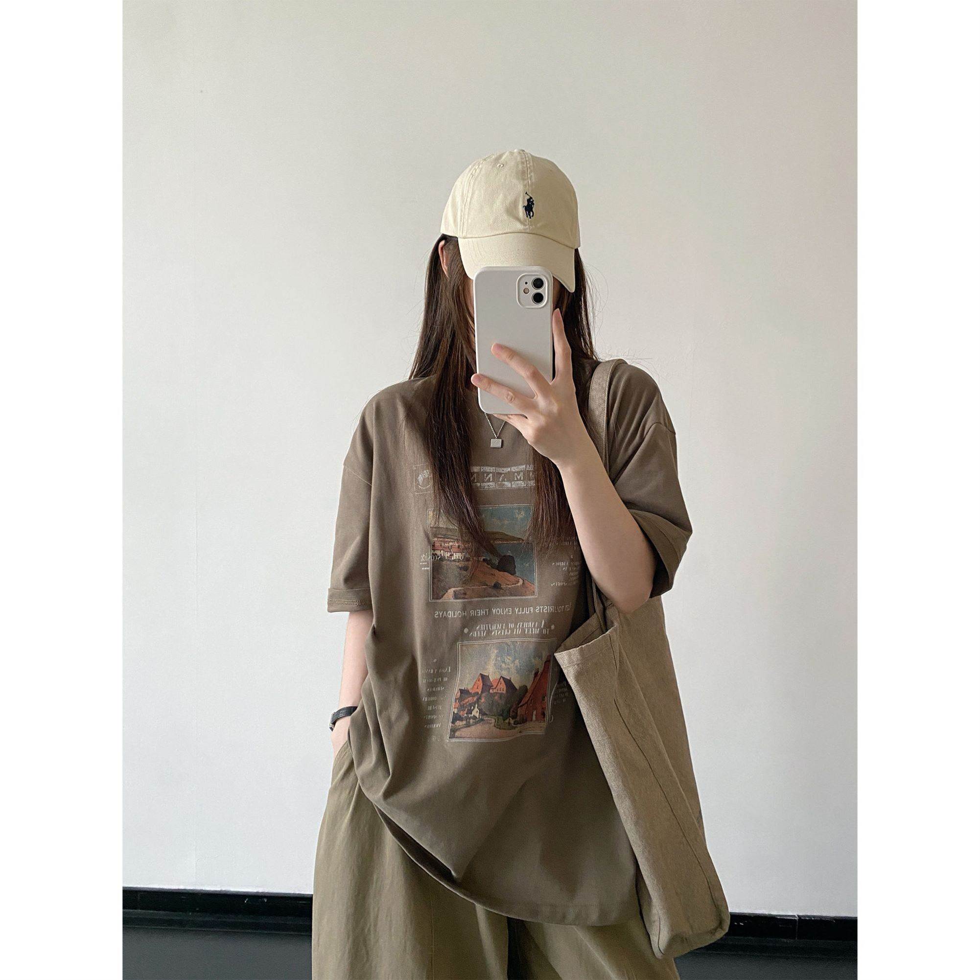 复古油画印花短袖恤女夏棉宽松圆领上衣