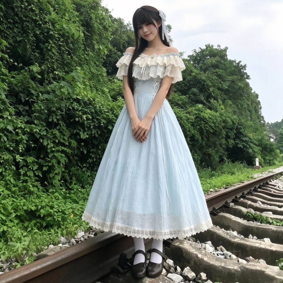 日系清楚系荷叶边连衣裙女夏新款甜美优雅收腰显瘦长裙蓝色系裙子