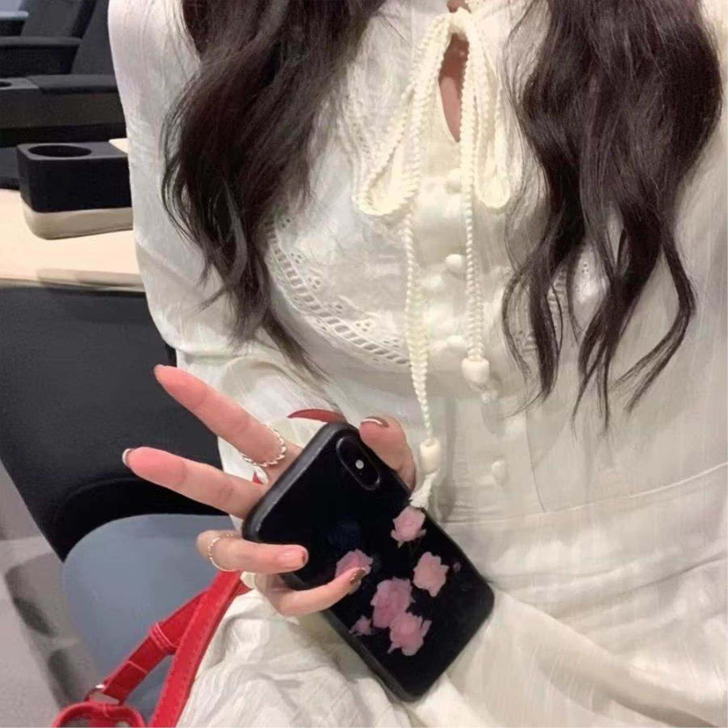 大码法式气质花边灯笼袖白色连衣裙秋镂空系带A字温柔仙女长裙子