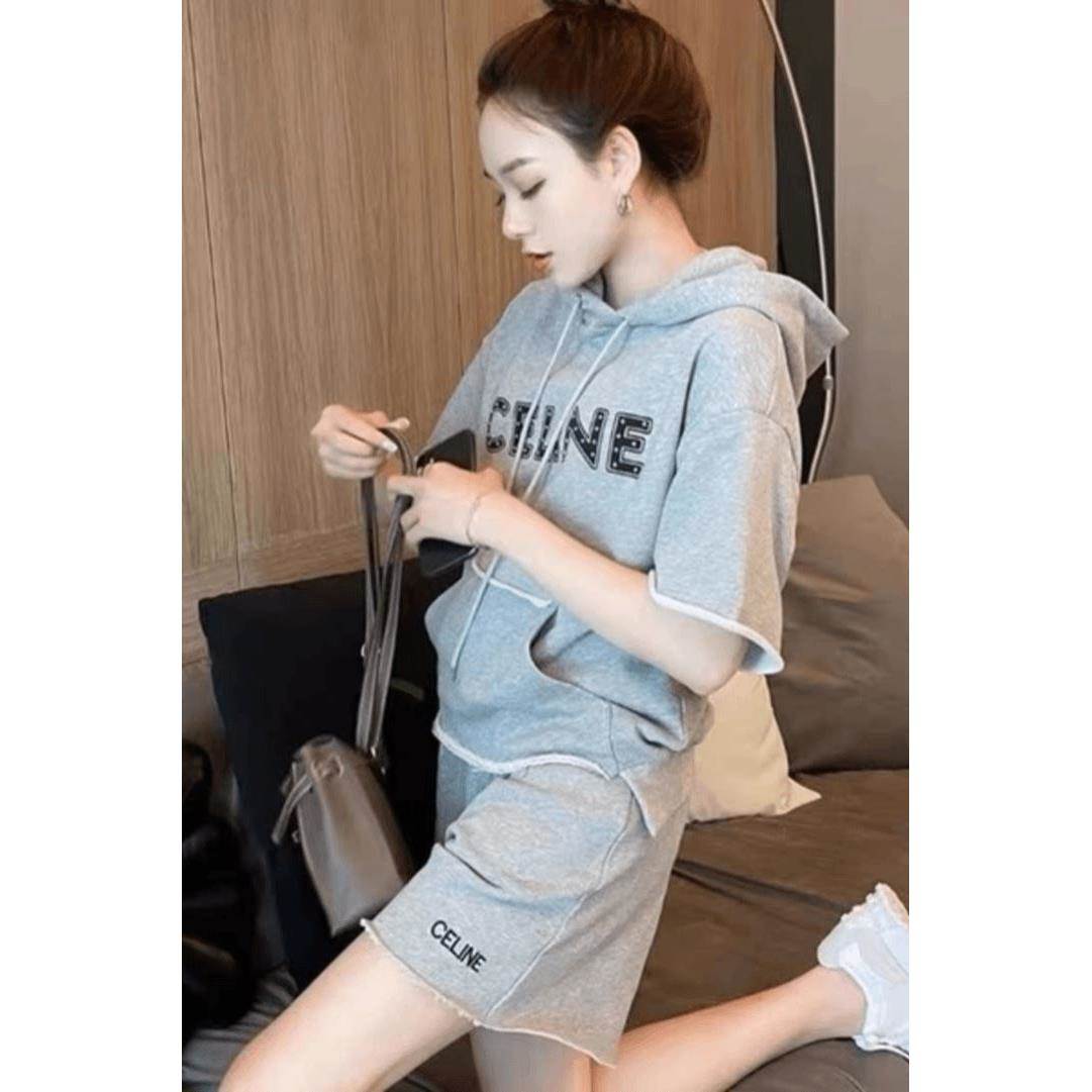 新款连帽休闲运动套装女夏连天帽韩版宽松显瘦短袖短裤时尚两件套