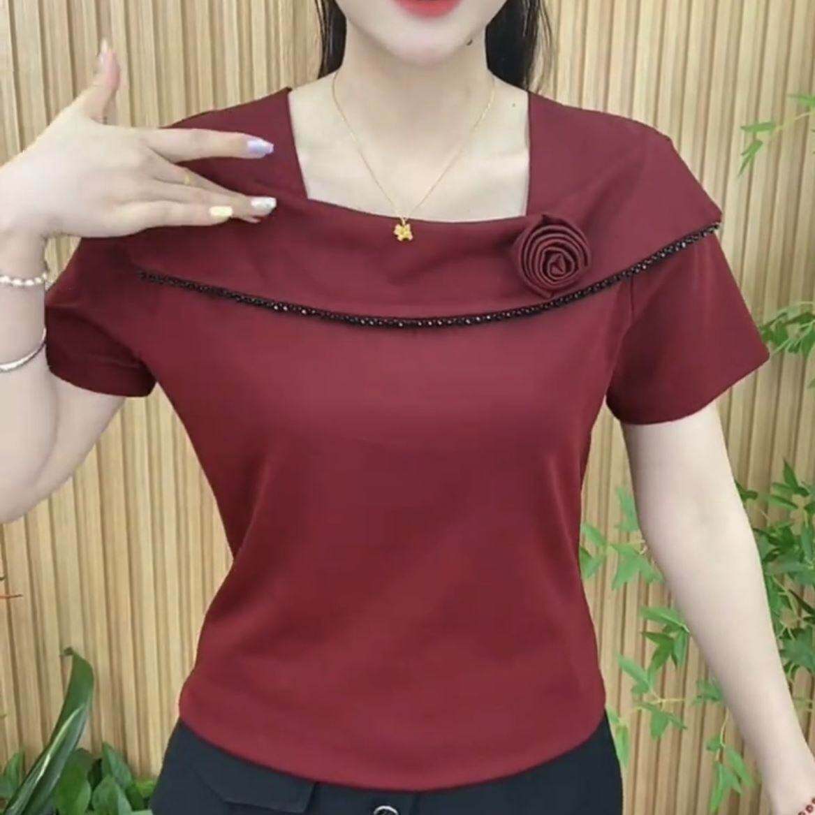 高档短袖t恤女设计感洋气减龄荷叶边钉珠时尚显瘦遮肚子夏季上衣