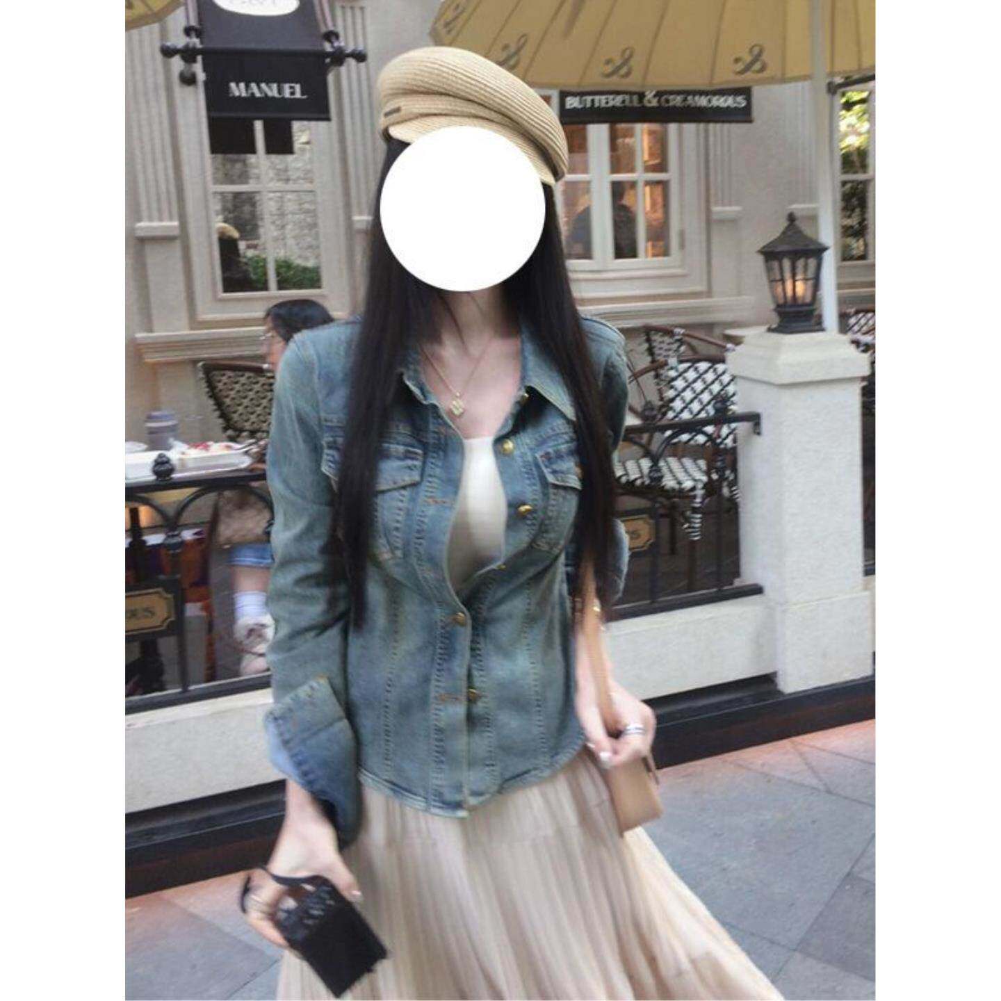 港风穿搭牛仔衬衫套装女春季水洗做旧收腰上衣设计感垂感半身长裙