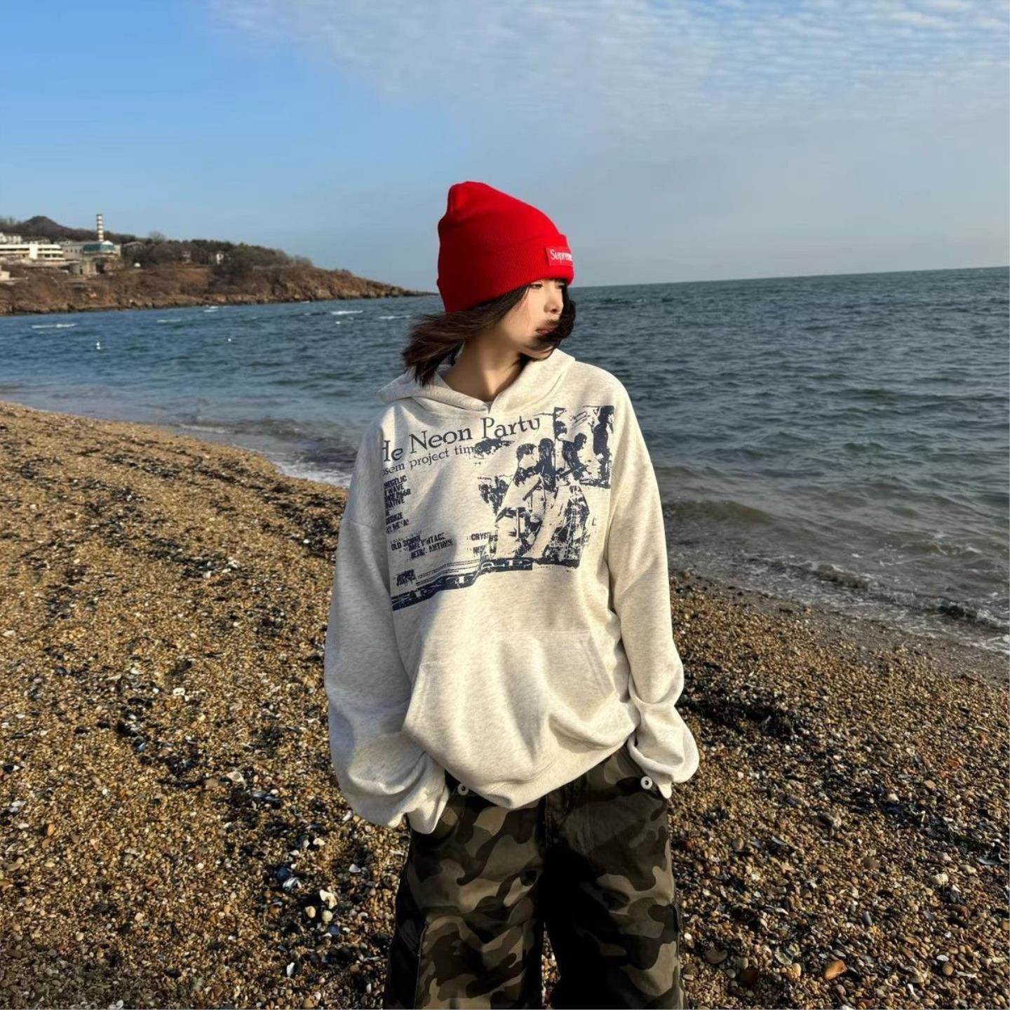 美式复古印花连帽卫衣男女宽松休闲春秋百搭街头帽衫上衣