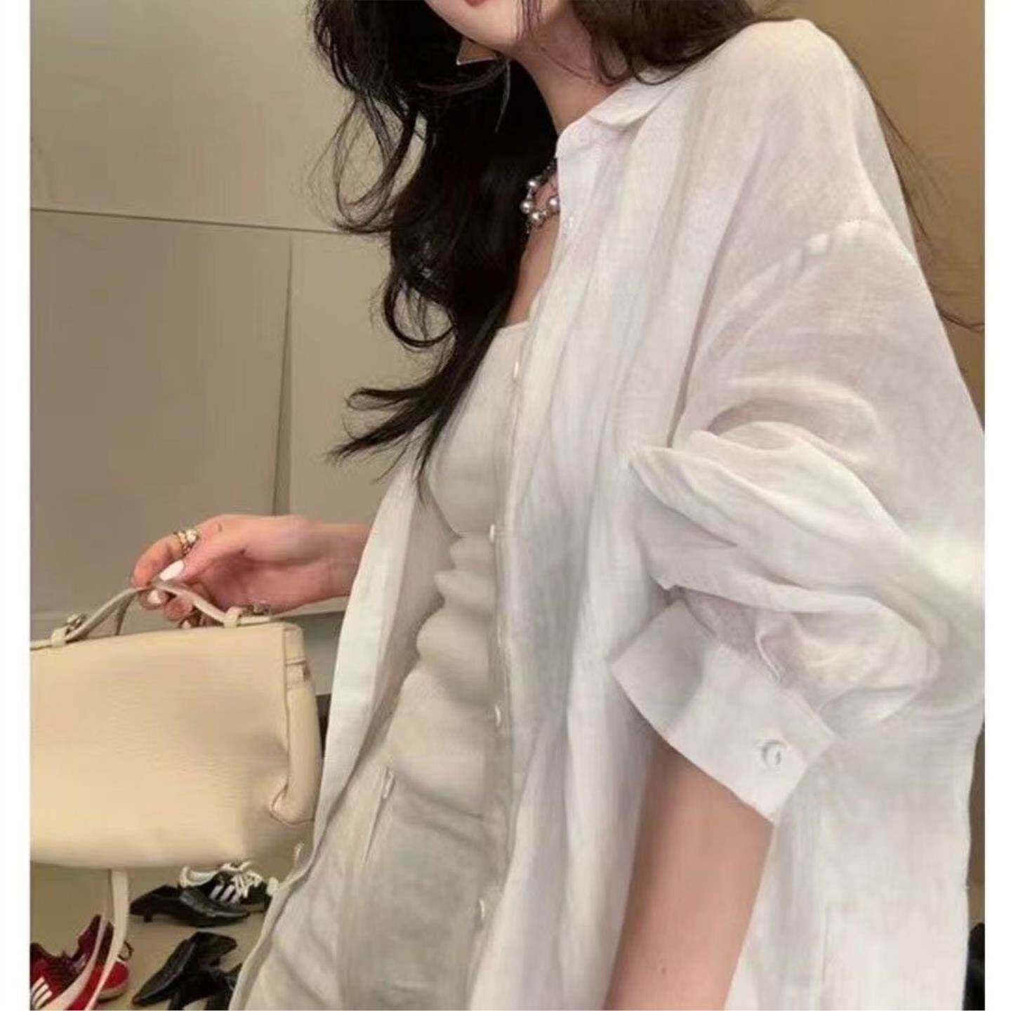 白色亚麻棉麻防晒衬衫外套女夏季薄款外搭衬衣宽松慵懒风气质上衣