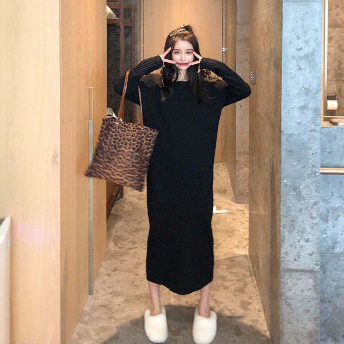 配大衣长款毛衣裙过膝女秋冬打底内搭针织连衣裙秋装