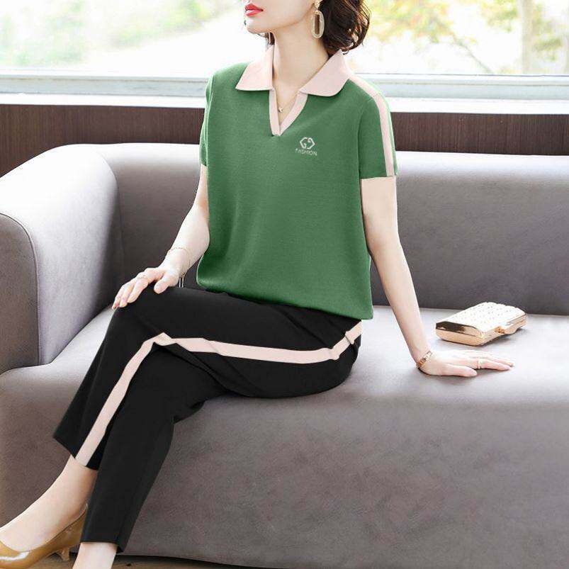 休闲运动服套装女夏季新款洋气时尚短袖减龄宽松显瘦阔腿裤两件套