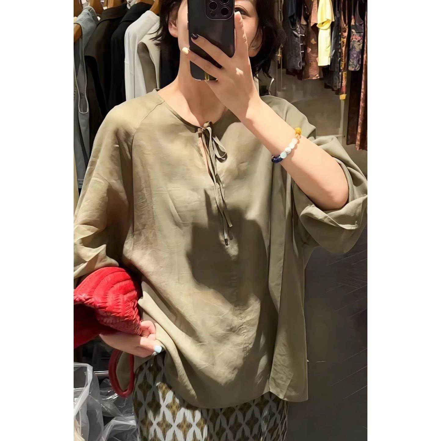 韩版慵懒松弛感设计系带V领衬衫女夏季轻薄宽松单排多扣长袖上衣