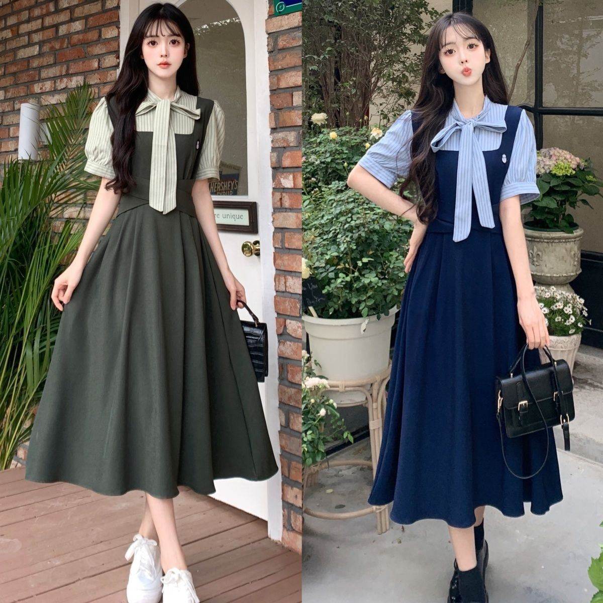 学院风假两件拼接背带连衣裙女夏条纹蝴蝶结小个子收腰A字中长裙