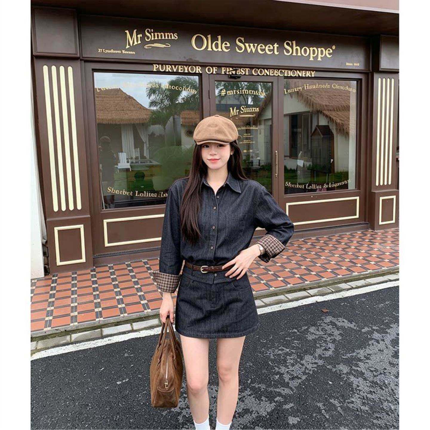 通勤风两件套翻领格子长袖单排扣衬衫上衣女秋季显瘦A字短裙套装
