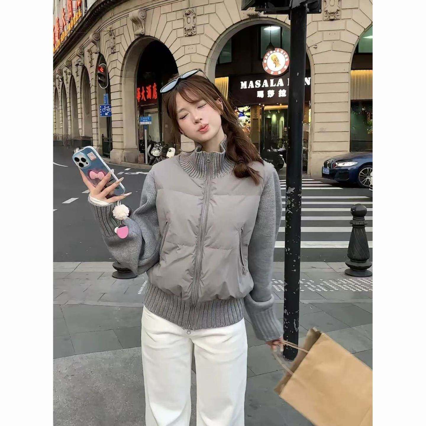 韩系甜美粉色针织拼接立领短款棉服冬季新款设计感保暖修身外套女